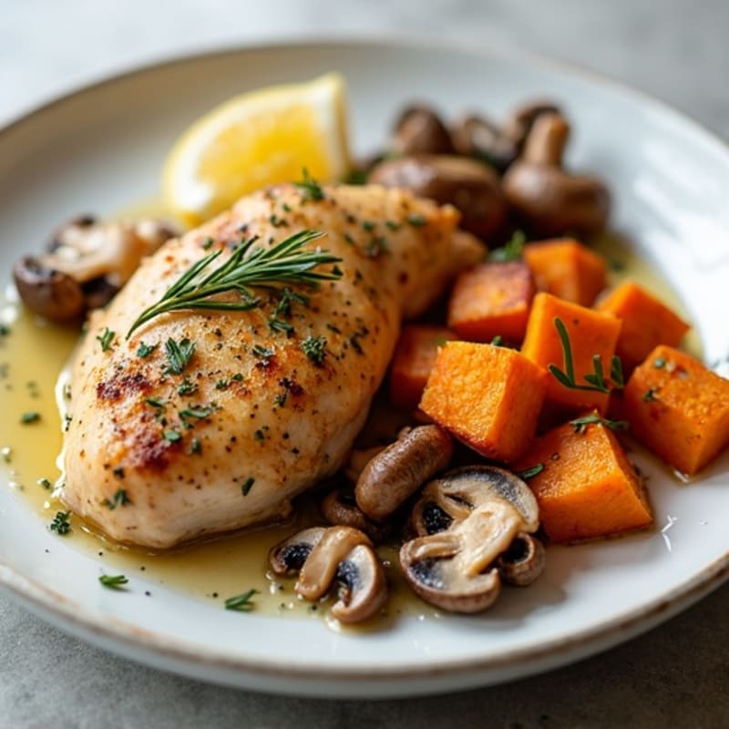 Lemon-Herb Roasted Chicken with Garlic Butter Mushrooms and Crispy Sweet Potatoes