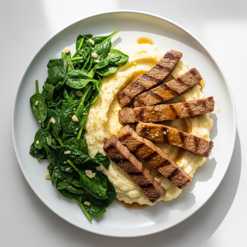 Seared Lean Beef Strips with Sautéed Spinach and Cauliflower Mash