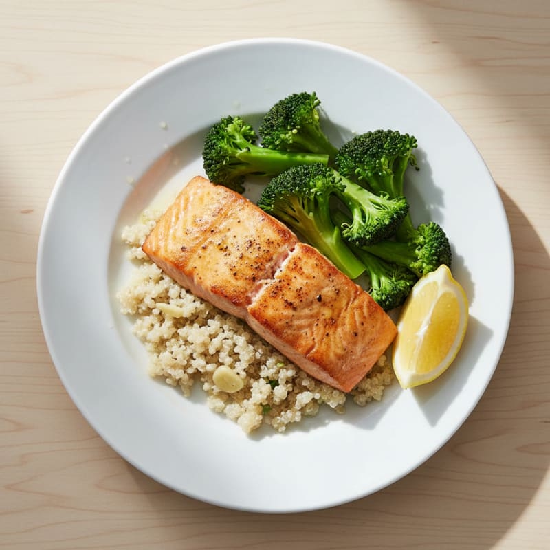 Seared Salmon with Steamed Broccoli and Garlic Quinoa