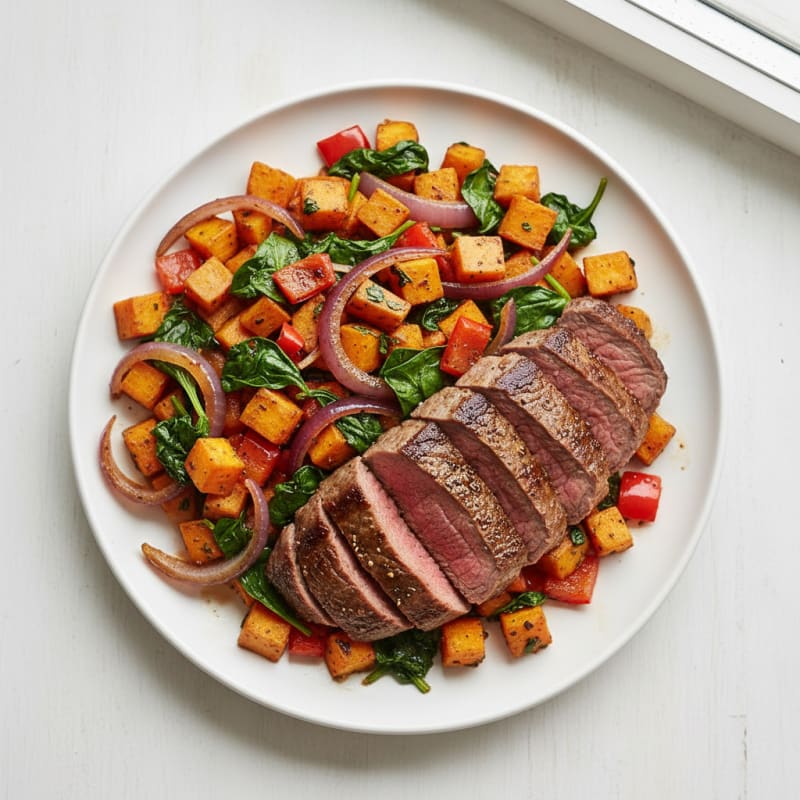 Seared Steak and Sweet Potato Hash with Spinach