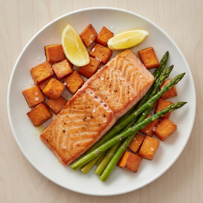 Seared Salmon with Roasted Sweet Potato and Asparagus
