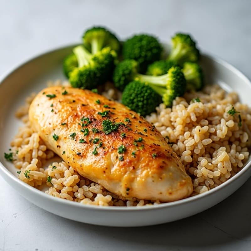 Lemon-Herb Roasted Chicken with Crispy Broccoli and Brown Rice