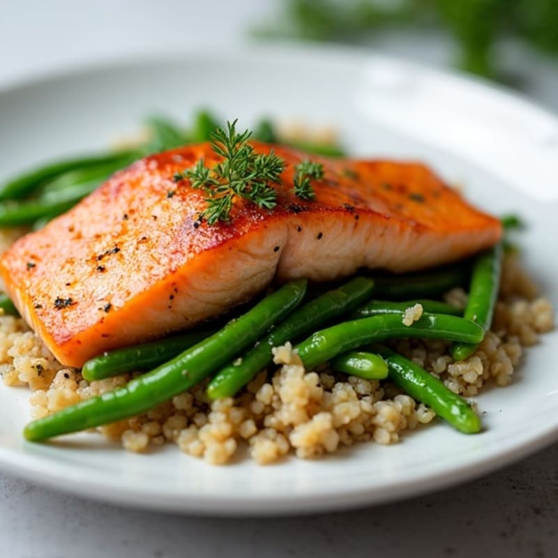 Seared Salmon Fillet with Garlic Green Beans and Quinoa
