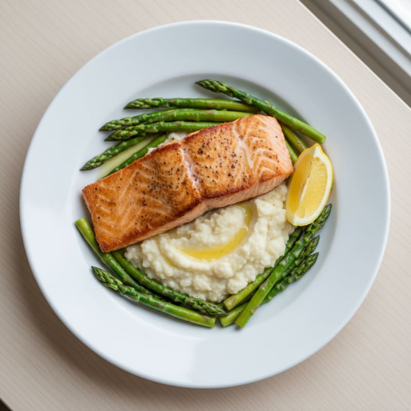 Seared Salmon with Steamed Asparagus and Cauliflower Mash