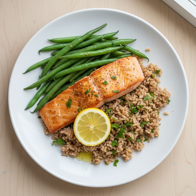 Seared Salmon with Steamed Green Beans and Herbed Brown Rice