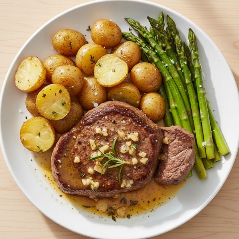 Garlic Herb Butter Steak Sauce with Roasted Potatoes and Asparagus