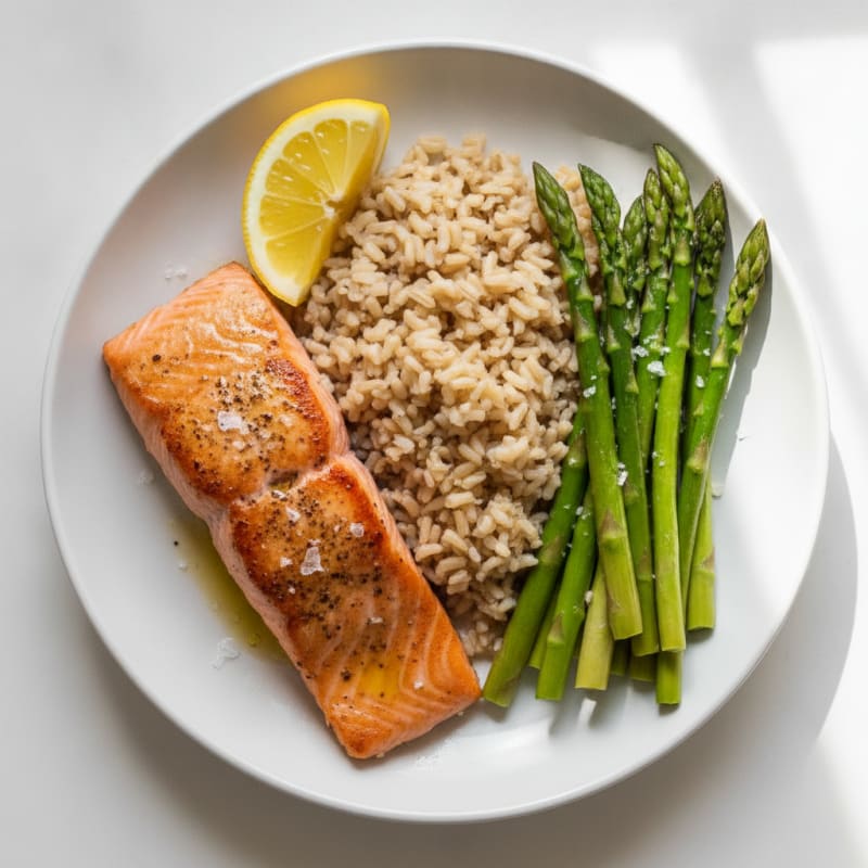 Seared Salmon with Steamed Asparagus and Brown Rice