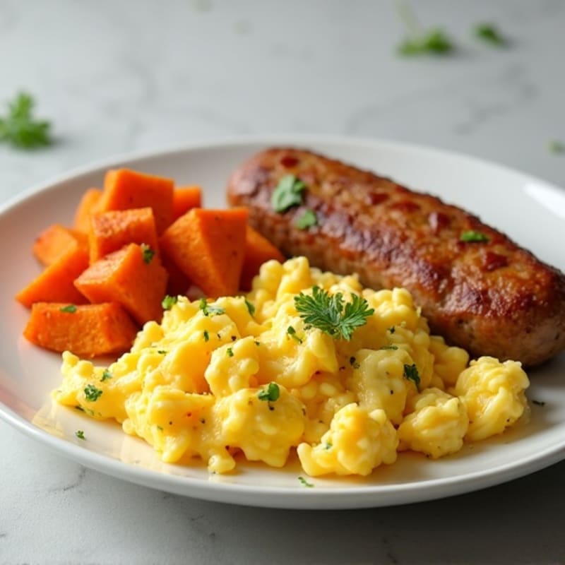 Egg White Scramble with Turkey Sausage and Roasted Sweet Potatoes