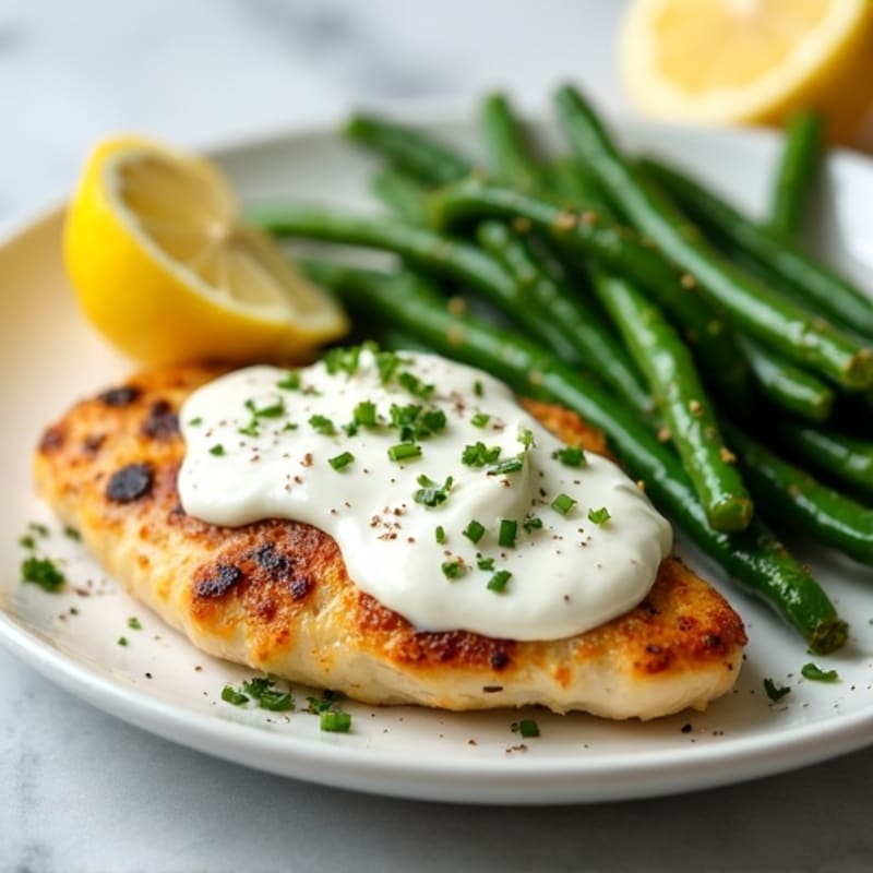 Creamy Lemon Herb Chicken with Tangy Whipped Feta and Crispy Roasted Green Beans