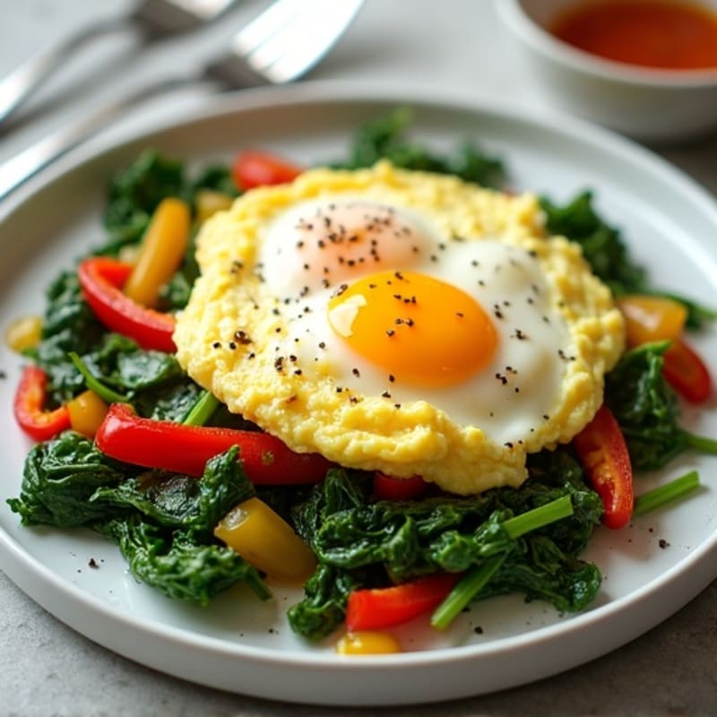 Fluffy Scrambled Eggs with Sautéed Spinach and Bell Peppers