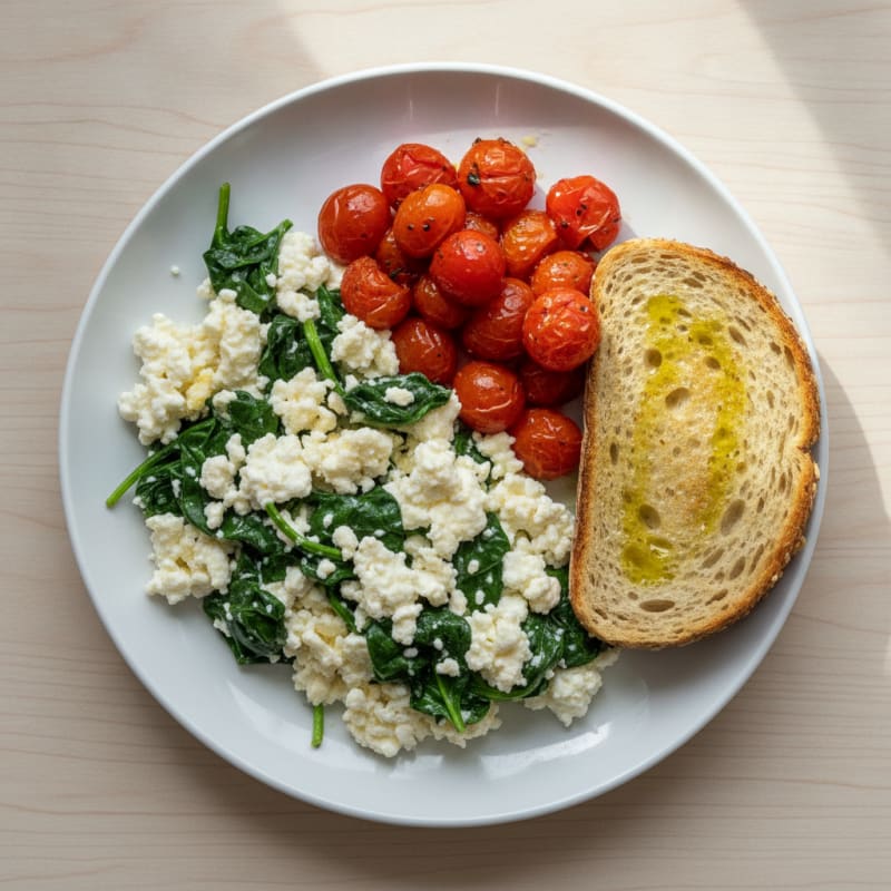Cottage Cheese Egg White Scramble with Spinach and Cherry Tomatoes