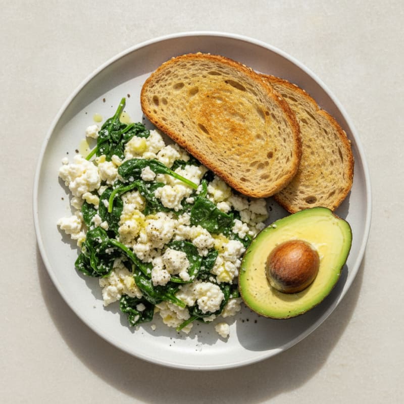Egg White Scramble with Cottage Cheese and Sautéed Spinach