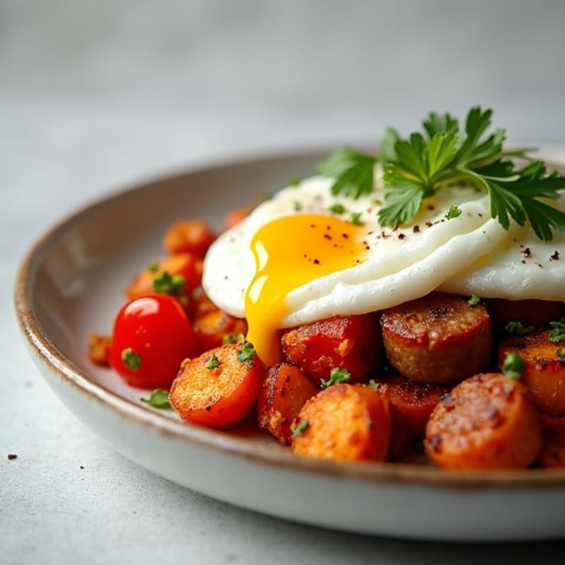 Crispy Sweet Potato and Turkey Sausage Hash with Fresh Herbs and Poached Eggs