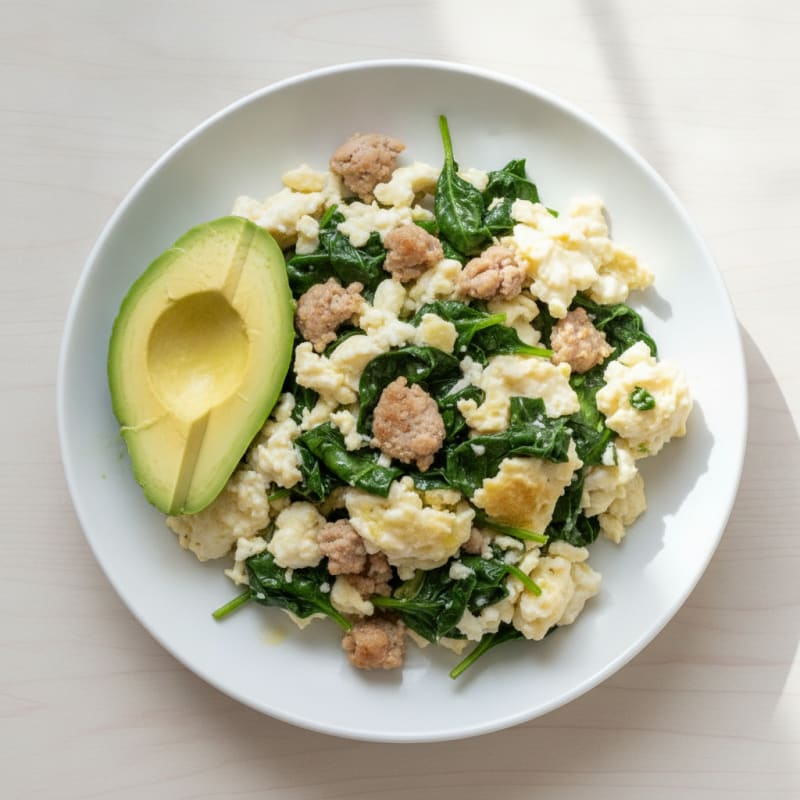 Egg White Scramble with Turkey Sausage and Sautéed Spinach