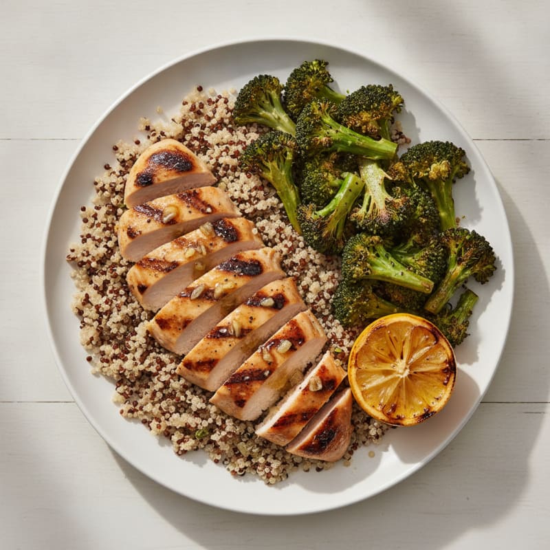 Grilled Chicken Breast with Quinoa and Roasted Broccoli