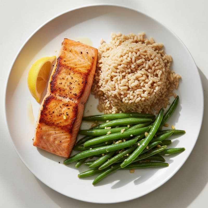 Seared Salmon with Steamed Brown Rice and Garlic Green Beans