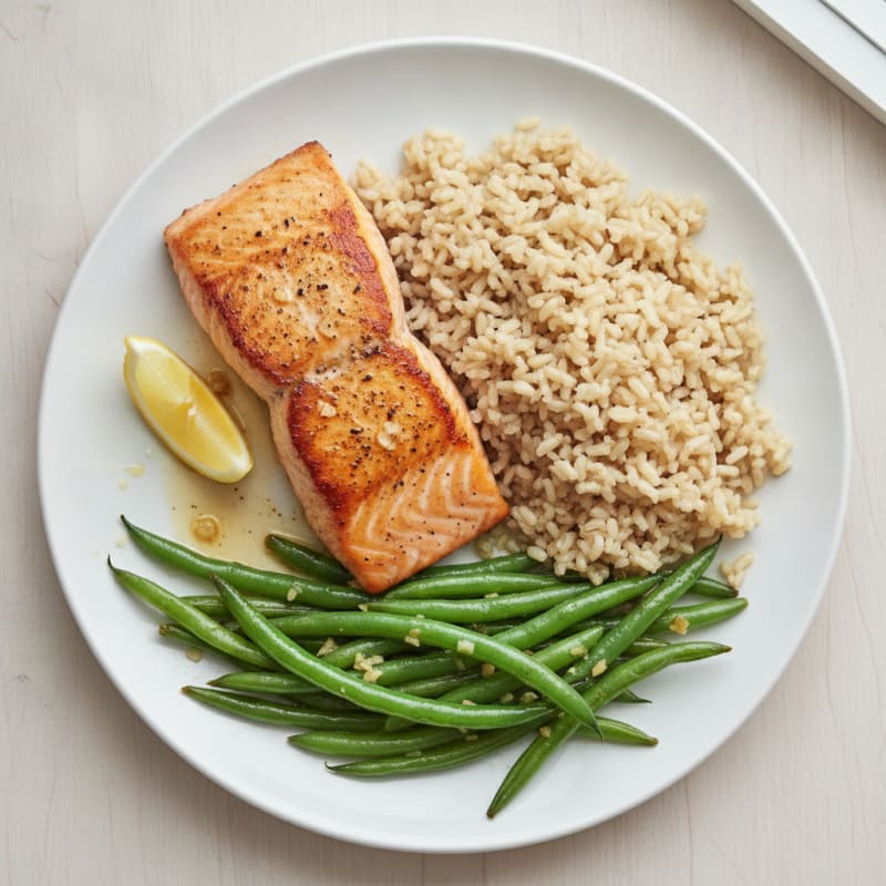 Seared Salmon with Garlic Green Beans and Brown Rice