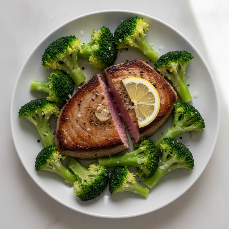 Seared Tuna Steak with Steamed Broccoli and Lemon