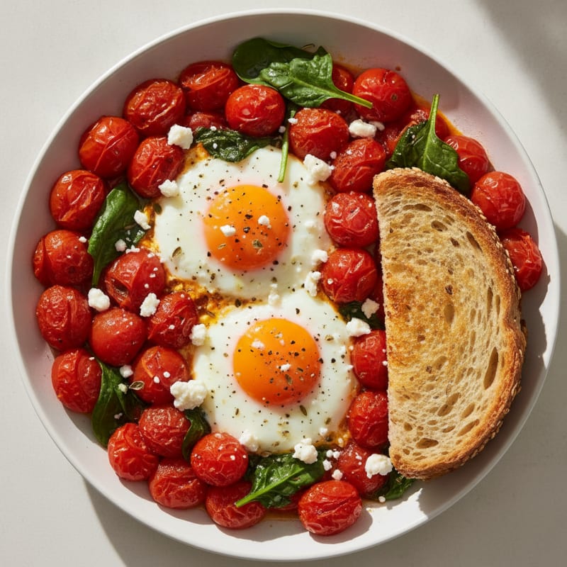Baked Eggs with Roasted Tomatoes and Toast