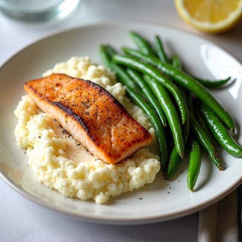 Seared Salmon Fillet with Garlic Green Beans and Cauliflower Mash