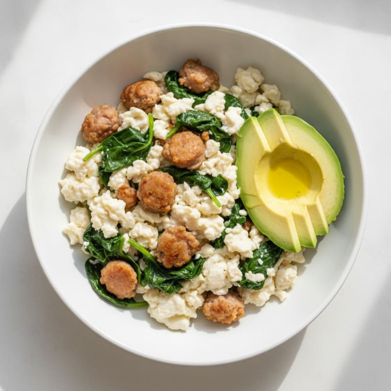 Scrambled Egg Whites with Turkey Sausage and Sautéed Spinach
