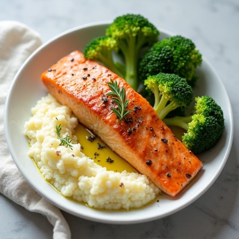 Seared Salmon with Steamed Broccoli and Cauliflower Mash