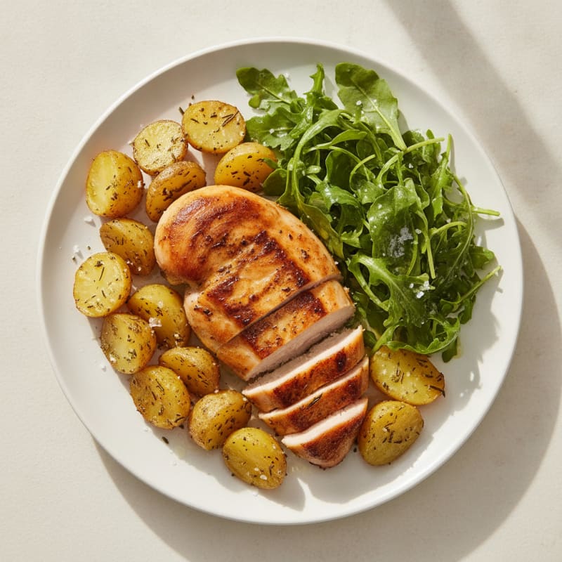 Seared Chicken Breast with Roasted Potatoes and Fresh Greens