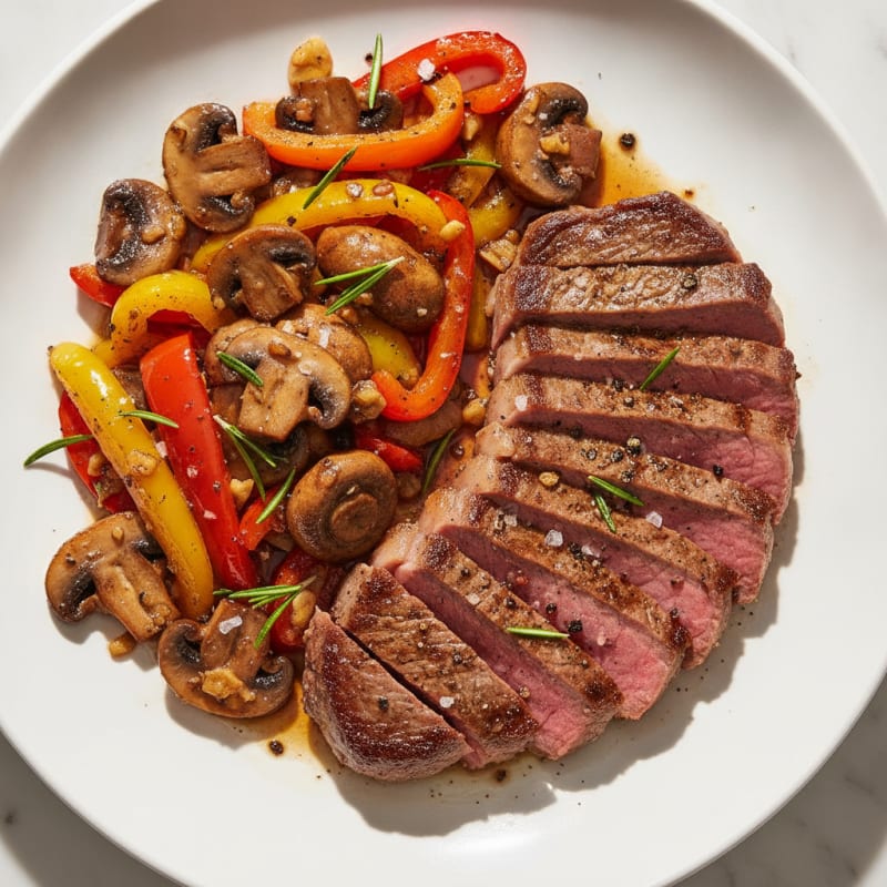 Steak with Garlic Mushrooms and Peppers