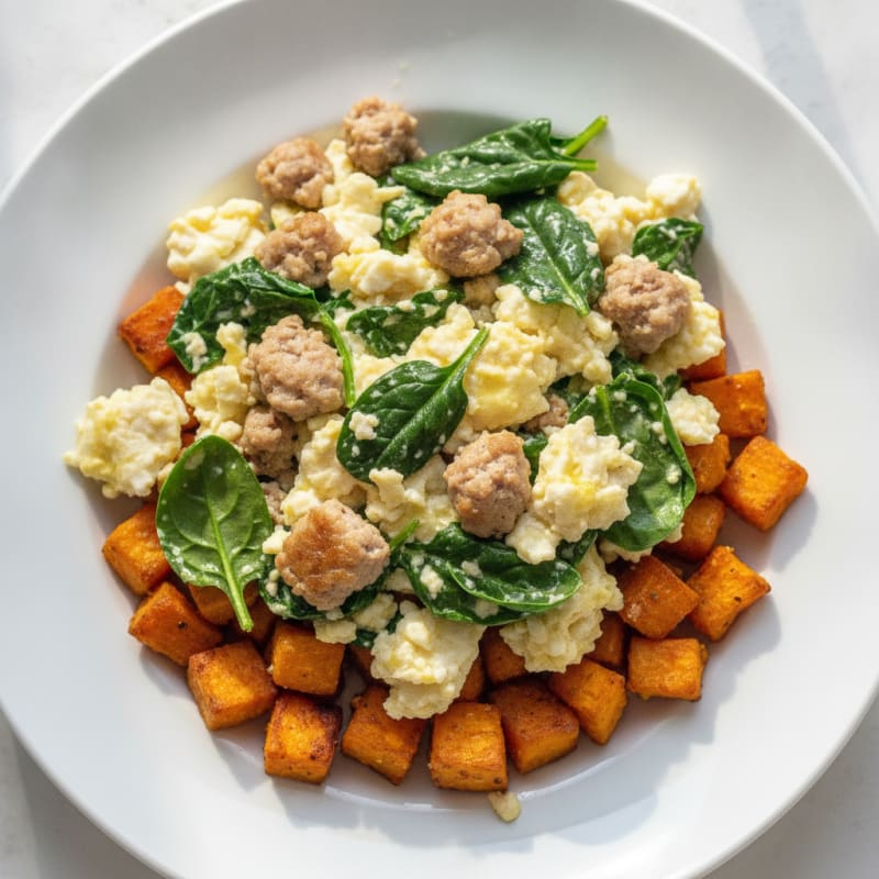 Egg White and Turkey Sausage Scramble with Spinach and Roasted Sweet Potato