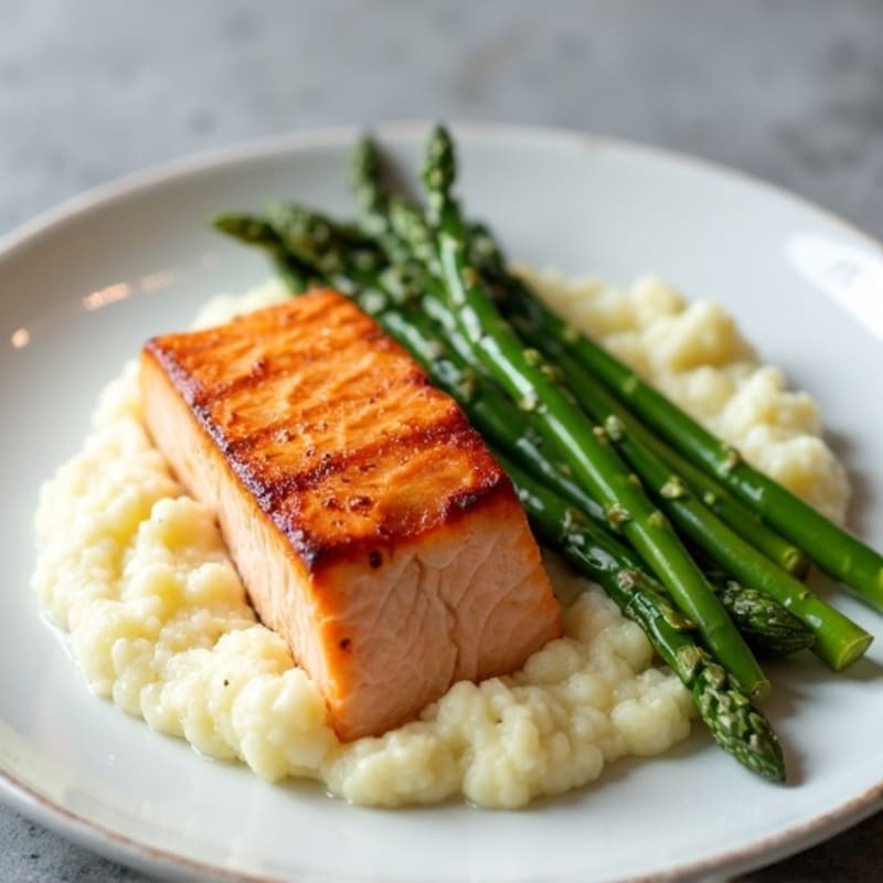 Seared Salmon with Steamed Asparagus and Cauliflower Mash