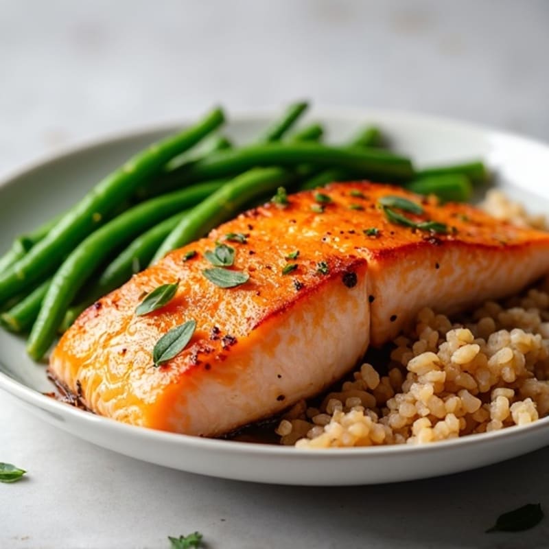 Seared Salmon with Steamed Green Beans and Brown Rice