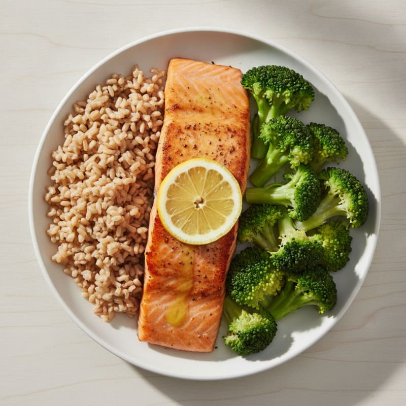 Seared Salmon with Steamed Broccoli and Brown Rice