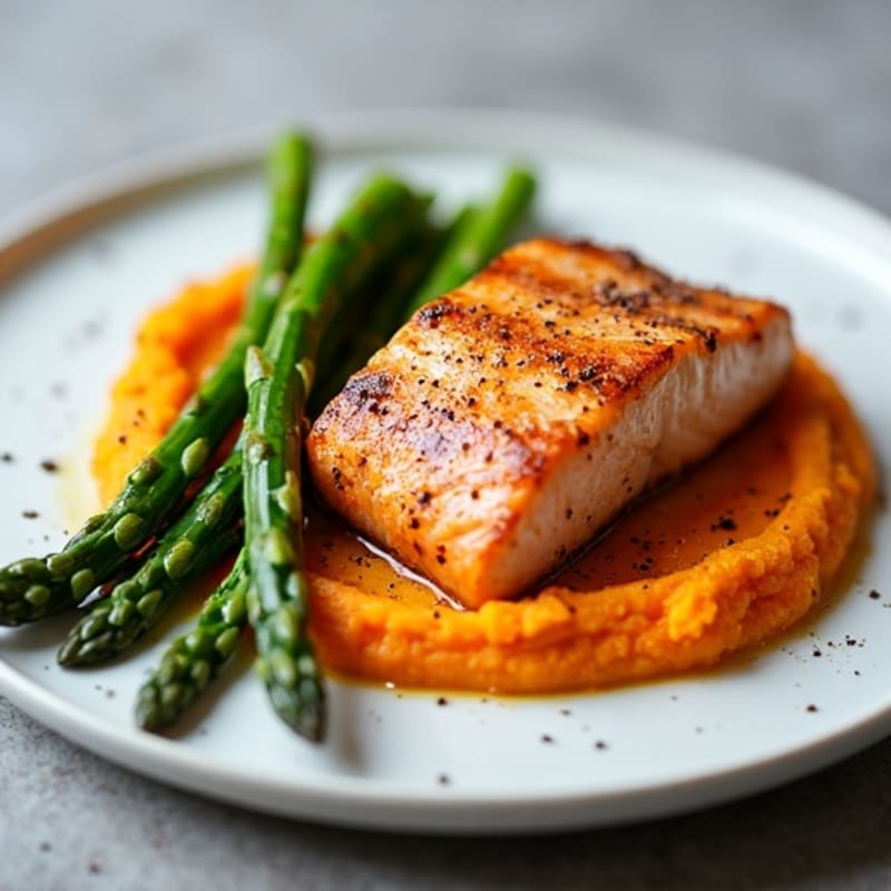Seared Salmon Fillet with Roasted Asparagus and Sweet Potato Mash