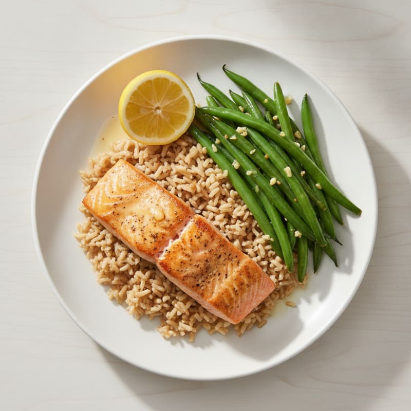 Seared Salmon with Garlic Green Beans and Brown Rice