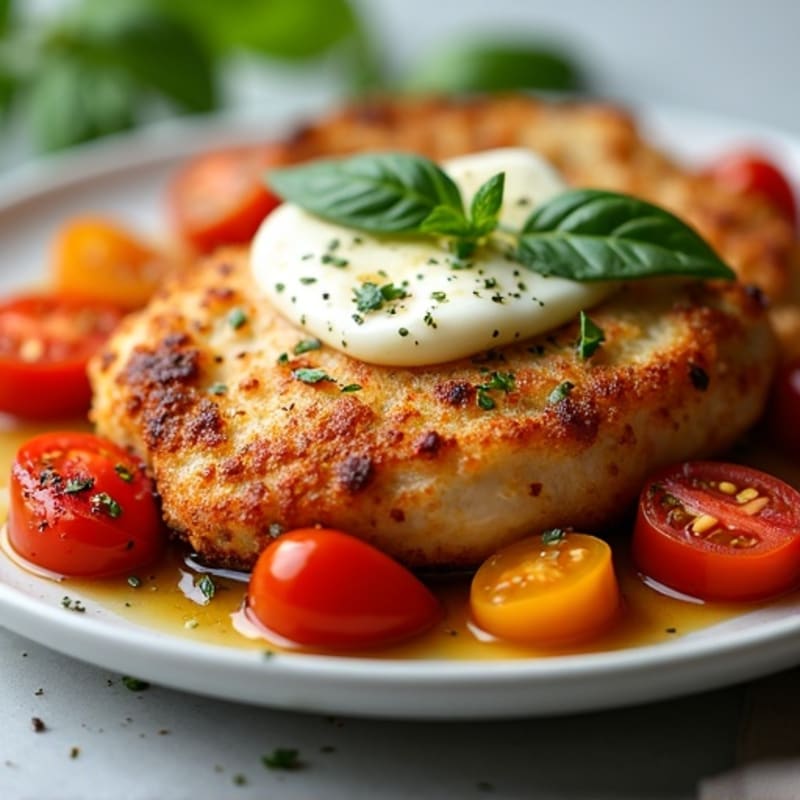 Crispy Baked Chicken with Fresh Mozzarella, Roasted Tomatoes, and Basil