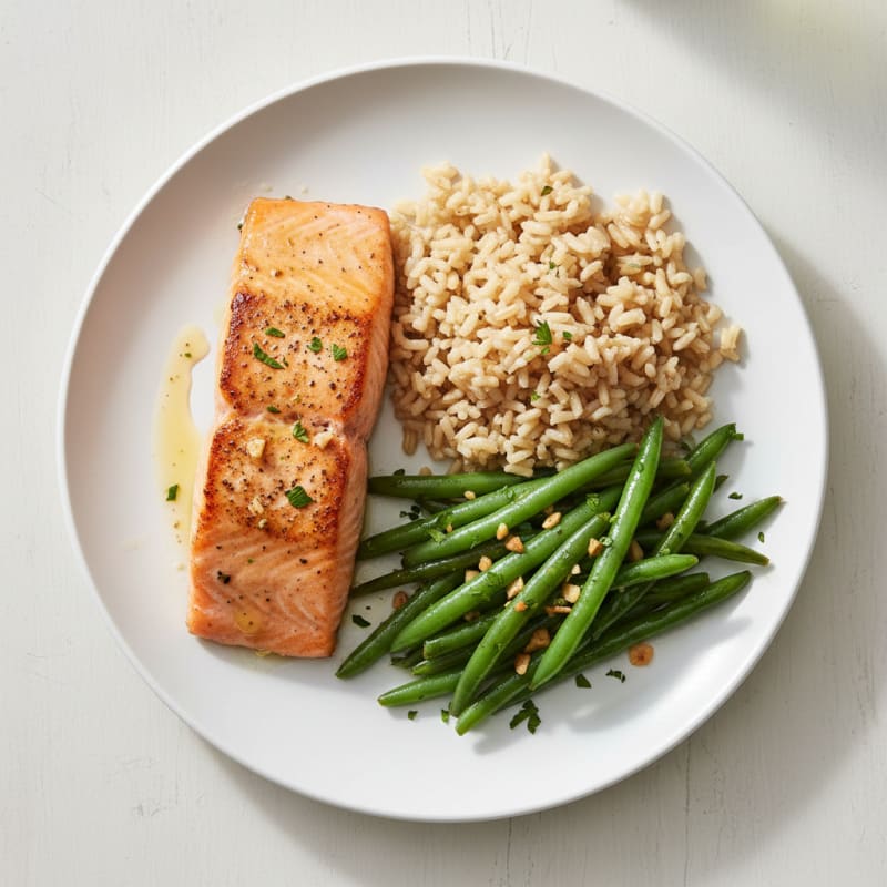 Seared Salmon Fillet with Garlic Green Beans and Brown Rice