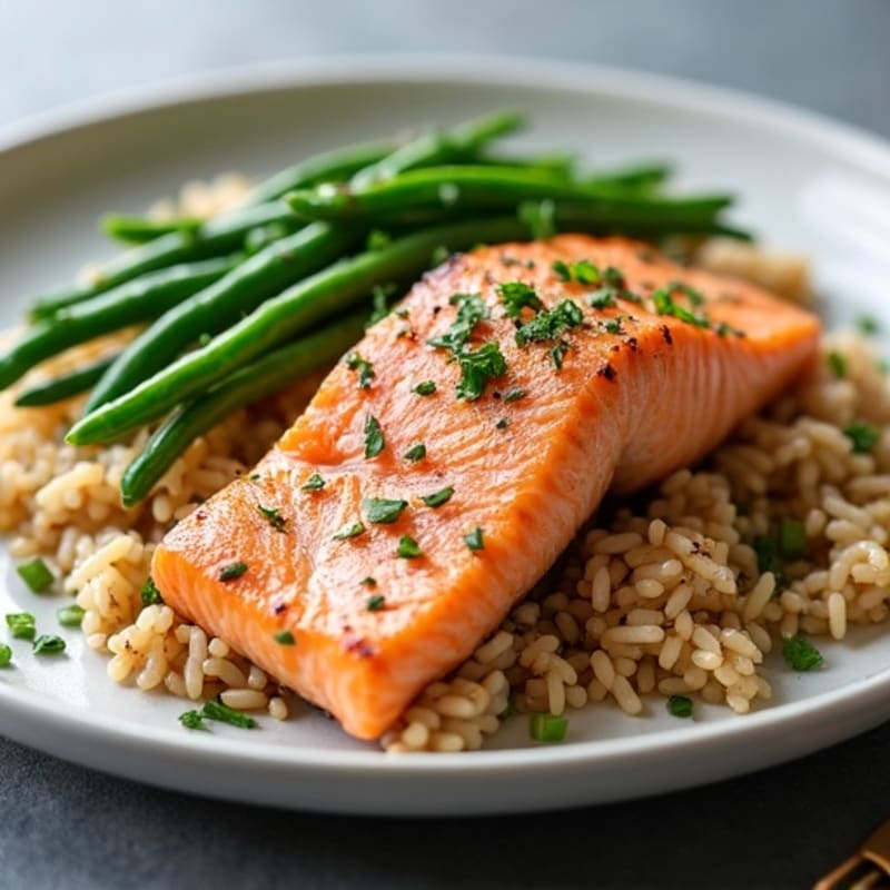 Seared Salmon with Garlic Green Beans and Brown Rice