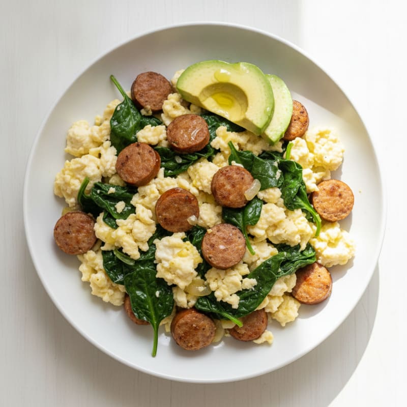 Egg White Scramble with Turkey Sausage and Sautéed Spinach