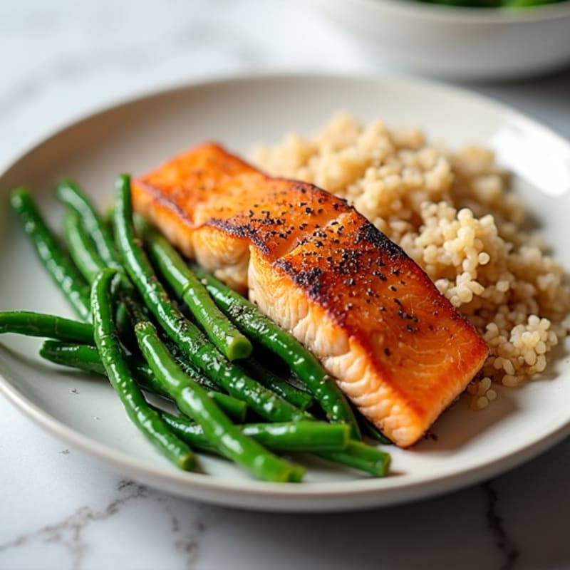 Seared Salmon Fillet with Steamed Green Beans and Brown Rice