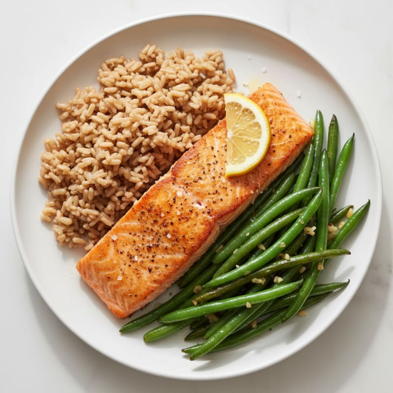 Seared Salmon with Garlic Green Beans and Brown Rice