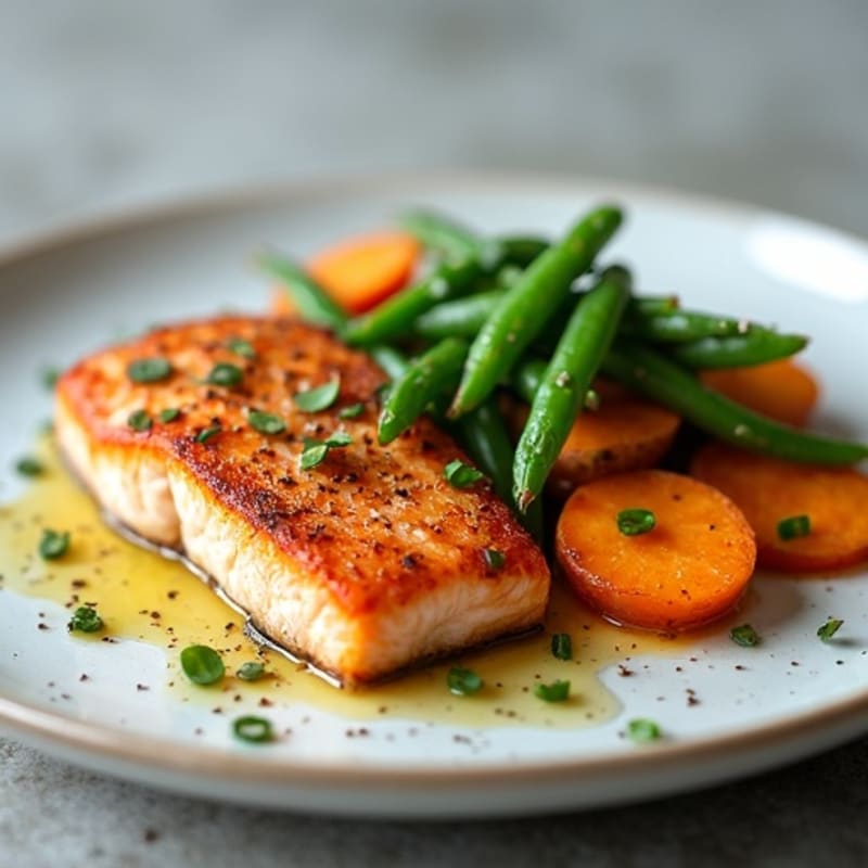 Crispy Pan-Seared Salmon with Roasted Sweet Potatoes and Green Beans