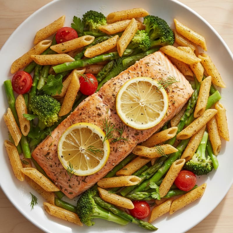 Lemon Herb Baked Salmon with Roasted Pasta Chips