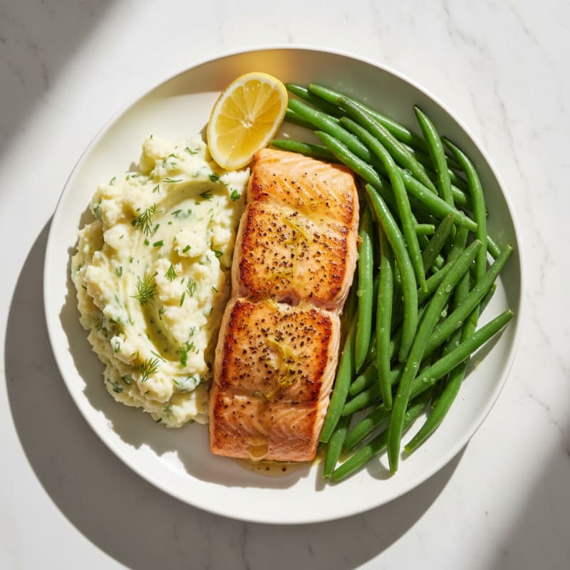 Seared Salmon with Steamed Green Beans and Herb Mashed Potatoes