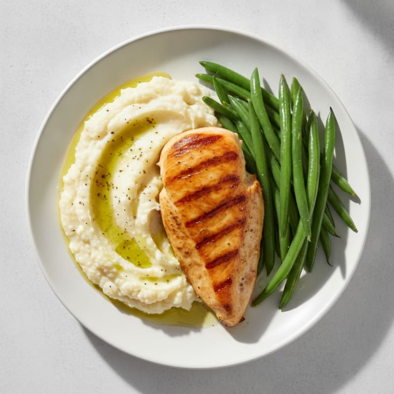 Seared Chicken Breast with Steamed Green Beans and Cauliflower Mash