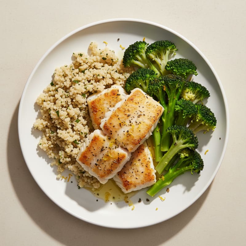 Baked Cod with Steamed Broccoli and Quinoa