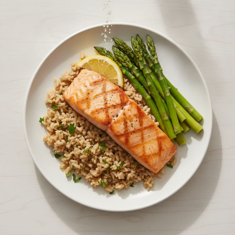 Pan-Seared Salmon with Herbed Brown Rice and Steamed Asparagus