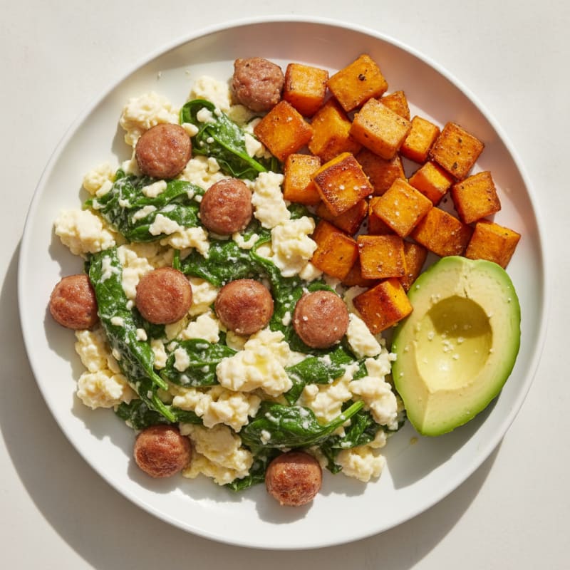 Egg White Spinach Scramble with Turkey Sausage