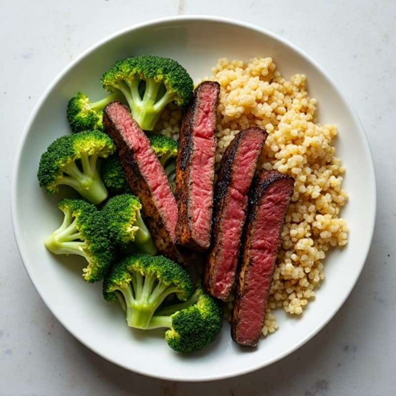Seared Lean Beef Strips with Steamed Broccoli and Quinoa