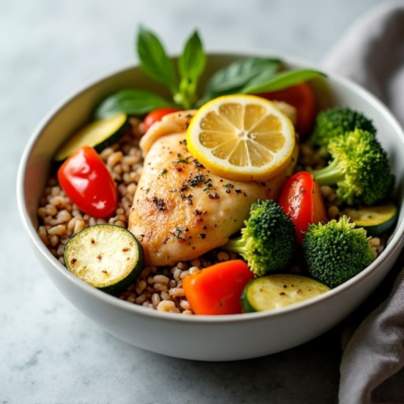 Lemon-Herb Roasted Chicken and Roasted Vegetable Rice Bowl