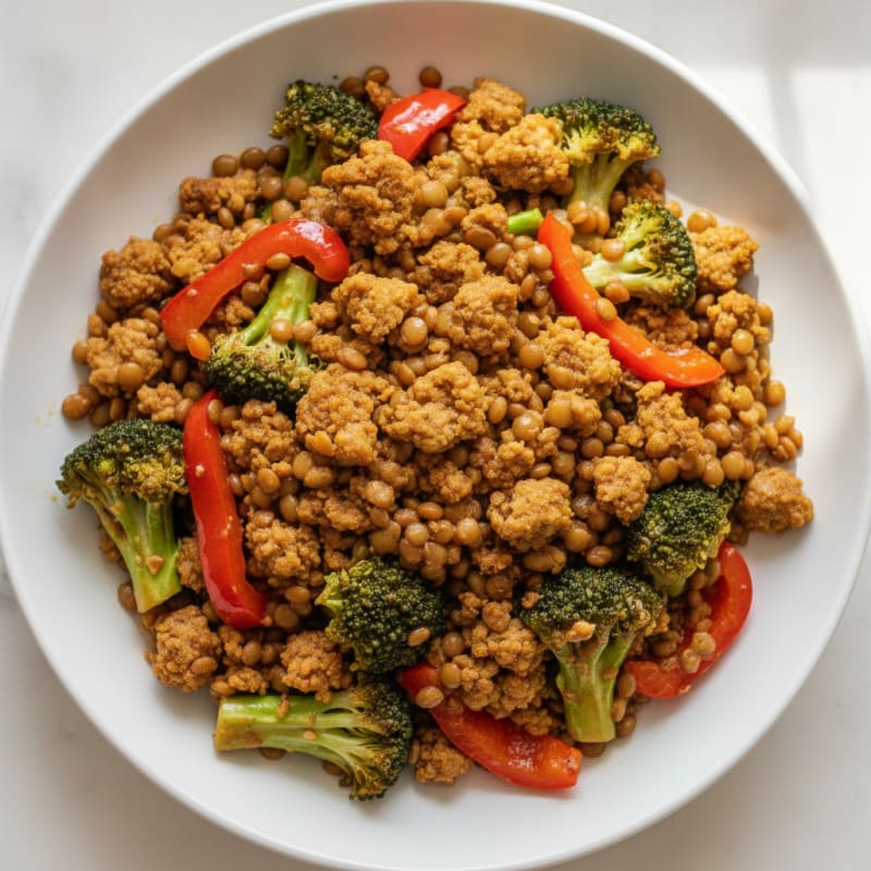 Lentil and Pea Protein Stir-Fry with Broccoli and Peppers